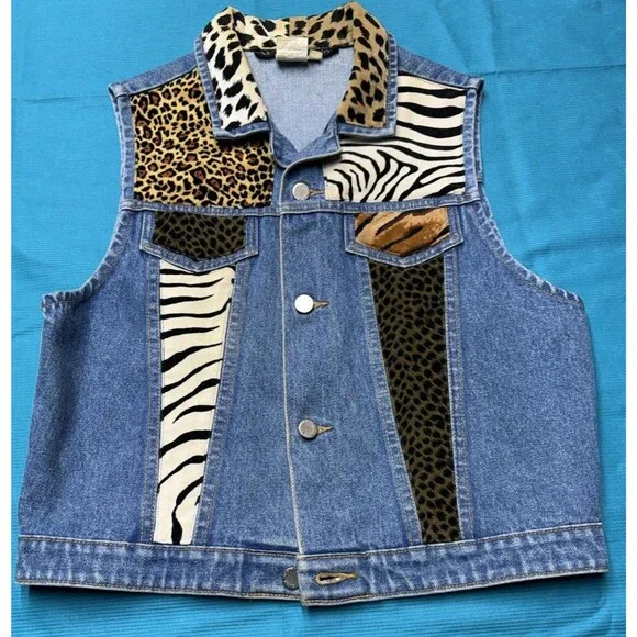 Vintage WHITTALL & SHON Denim Vest Animal Print Patchwork Leopard Zebra Size M - Picture 1 of 12